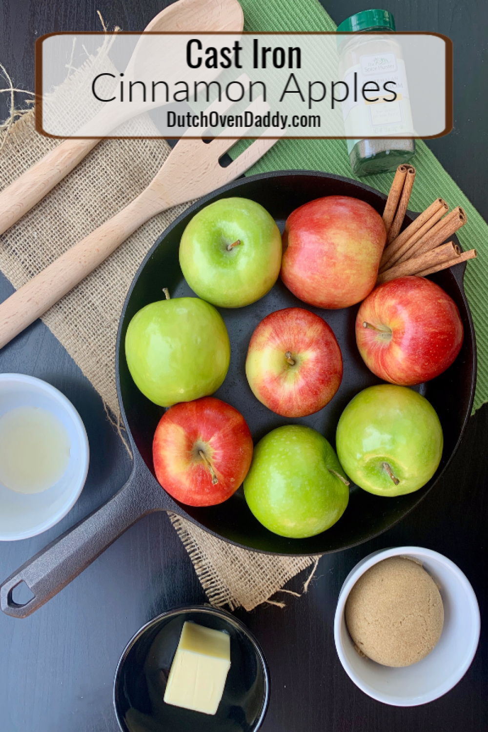 Ingredients to make cinnamon apples in a cast iron skillet