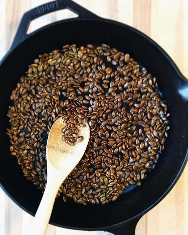 Skillet Baked Sriracha Pumpkin Seeds