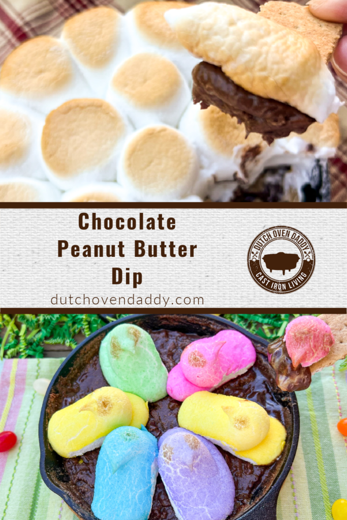 Split branded image of Chocolate peanut butter dip with both marshmallows and Peeps