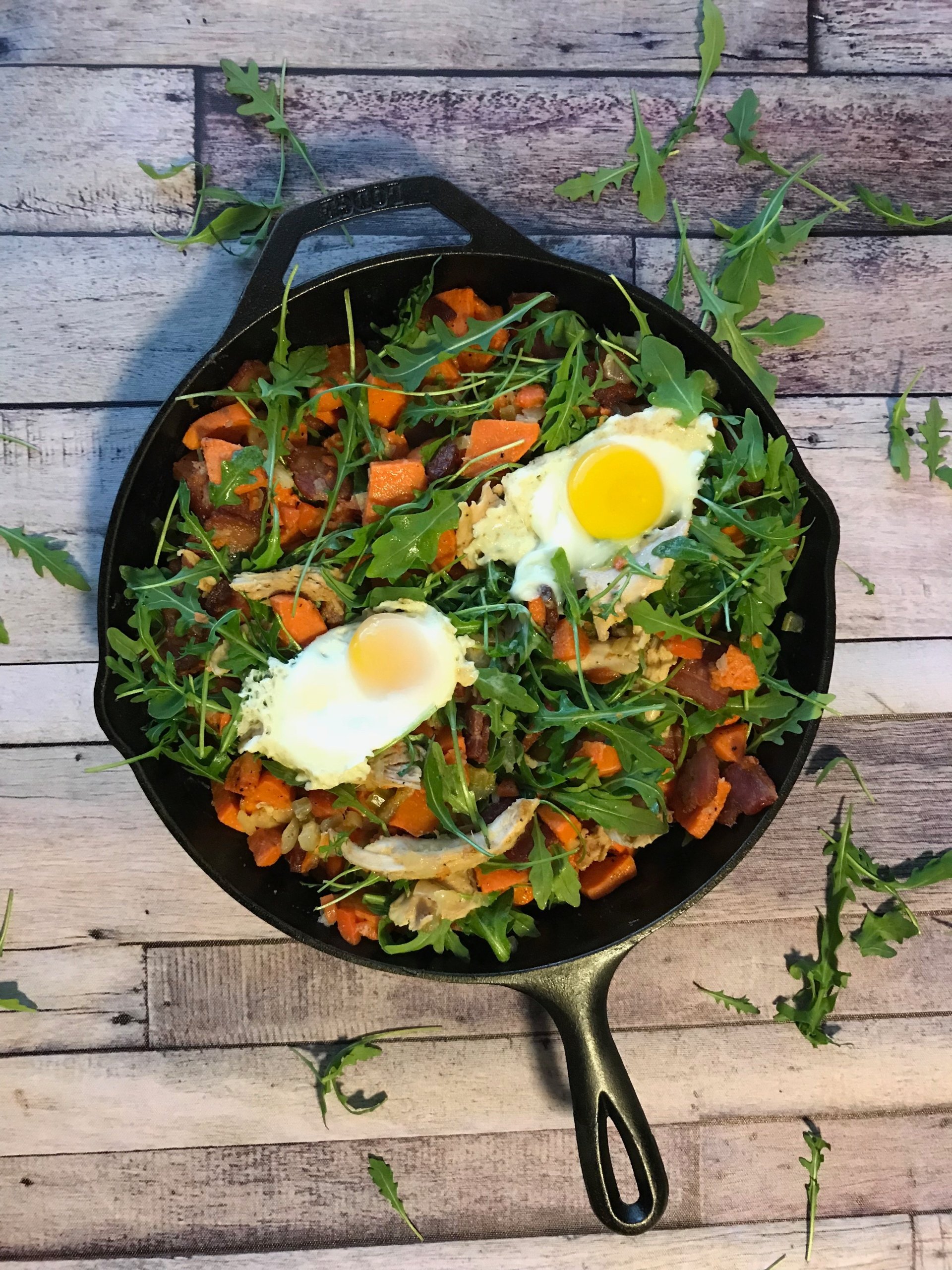 Braised Rabbit Hash with Bacon and Arugula