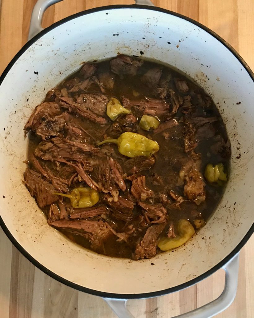 Mississippi pot roast in an enameled cast iron Dutch Oven