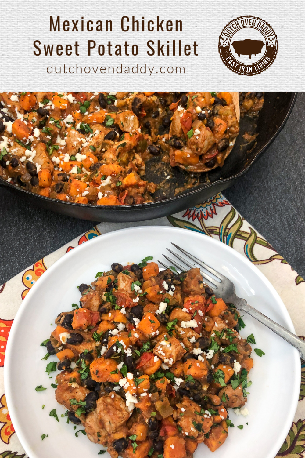 Serving of Mexican Chicken and Sweet Potato skillet on a white plate with a skillet in the background.