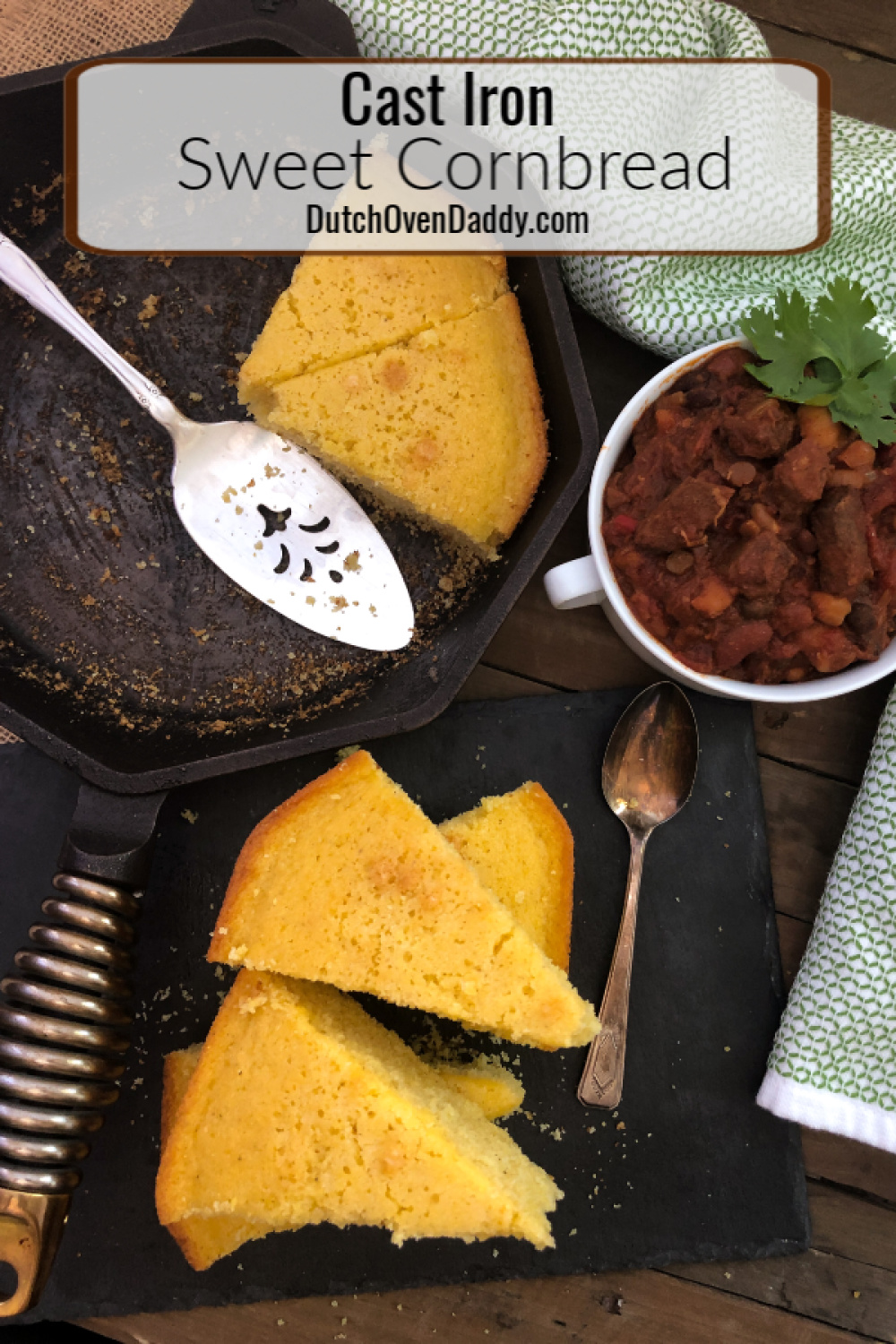 Sweet Cornbread sliced, partially on a platter and in the skillet with a side of chili.