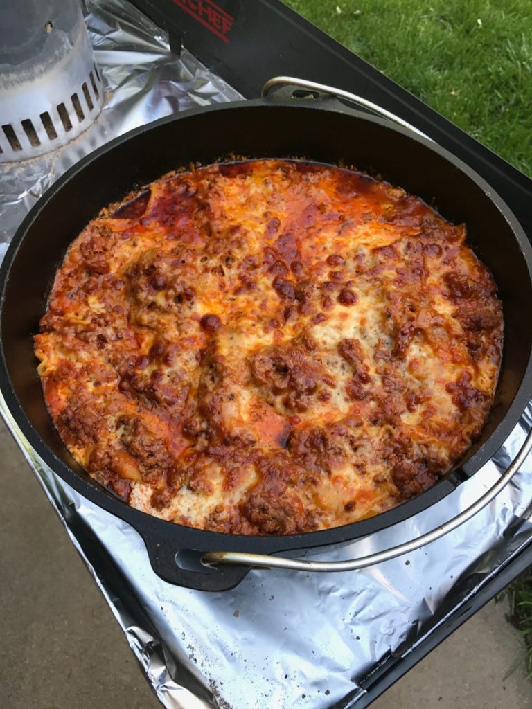 Camp oven lasagna has finish cooking and is resting. Original May 16, 2017 image.
