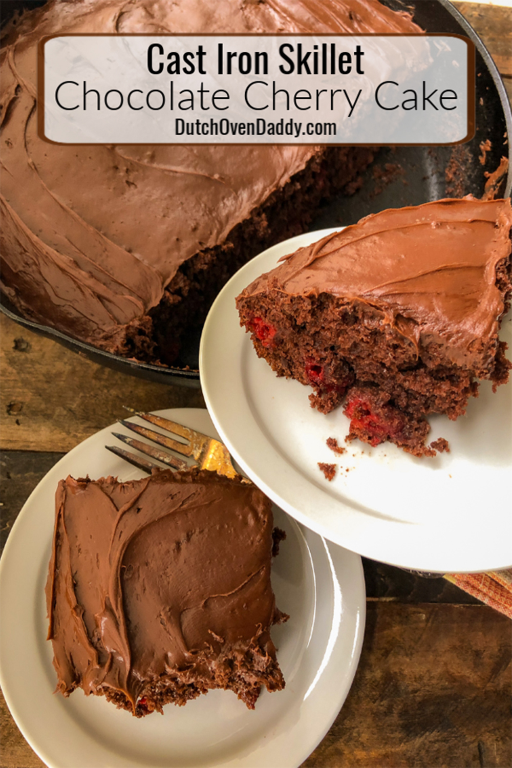 Two slices of Skillet Chocolate Cherry Cake with the remaining cake still in the skillet.