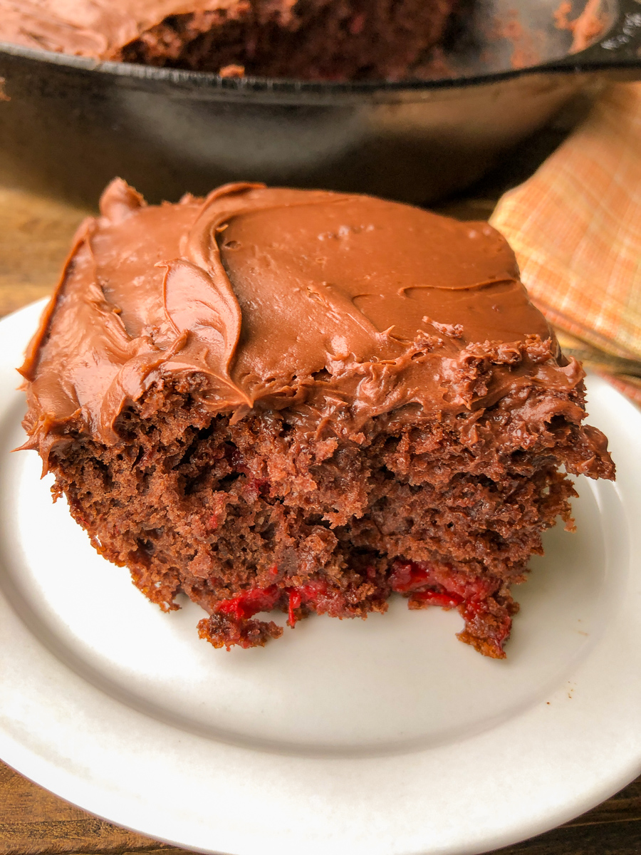 Light and fluffy piece of chocolate cherry cake. 