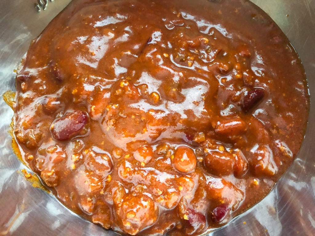 Chili in a stainless steel bowl