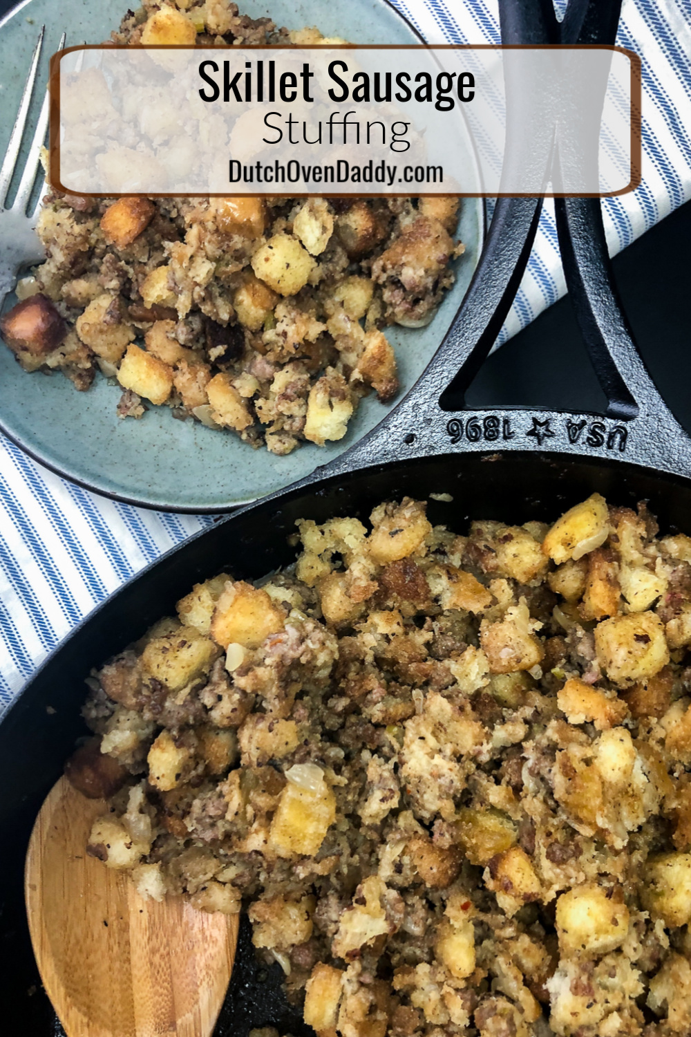 Cooked and served sausage stuffing portioned onto a blue plate with the rest remaining in the skillet. 