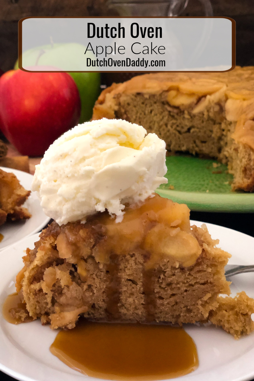 A slice of dutch oven apple cake with a scoop of vanilla bean ice cream and drizzled with homemade caramel sauce. 