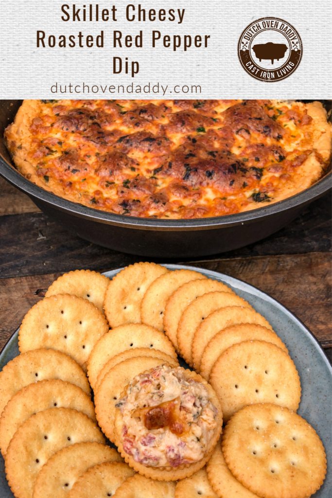 Skillet full of dip in the background with a plate of crackers and one topped with the dip. 