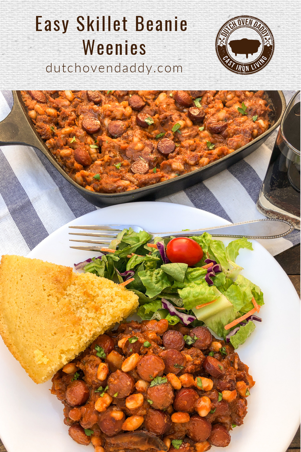 A branded image of the beans and franks, cornbread, and a salad on a white plate with a fork, a glass of soda and the skillet in the background. 