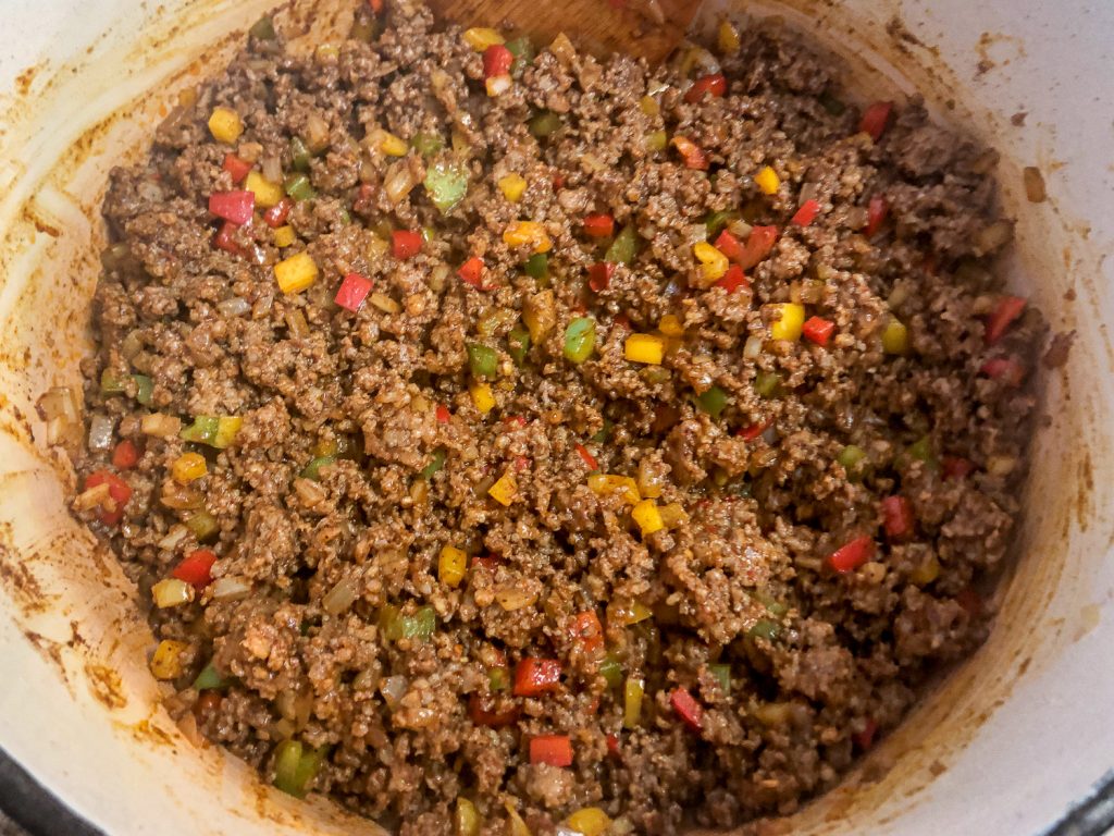 The spices have fully been incorporated to the meat mixture. 