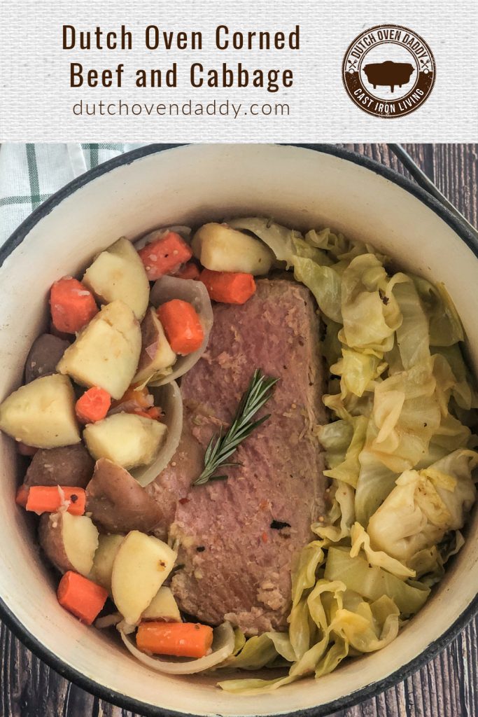Branded image of Corned Beef and Cabbage in a dutch oven.
