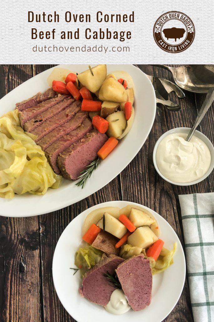 Branded image of the plated corned beef and cabbage and optional dipping sauce. 