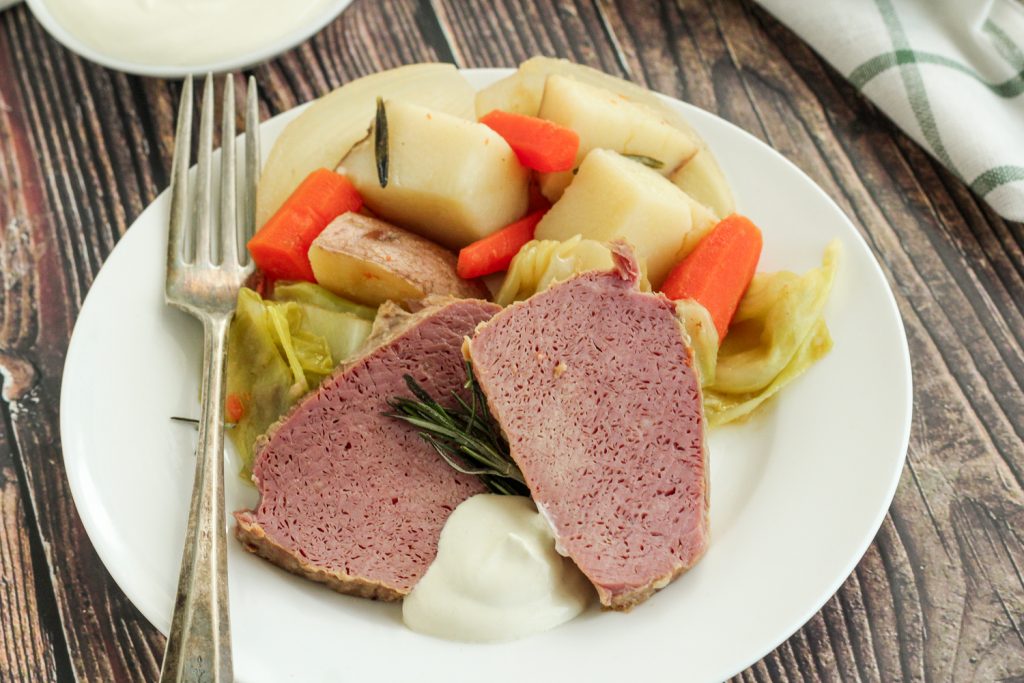 St. Patrick's day dinner served up on a white plate.