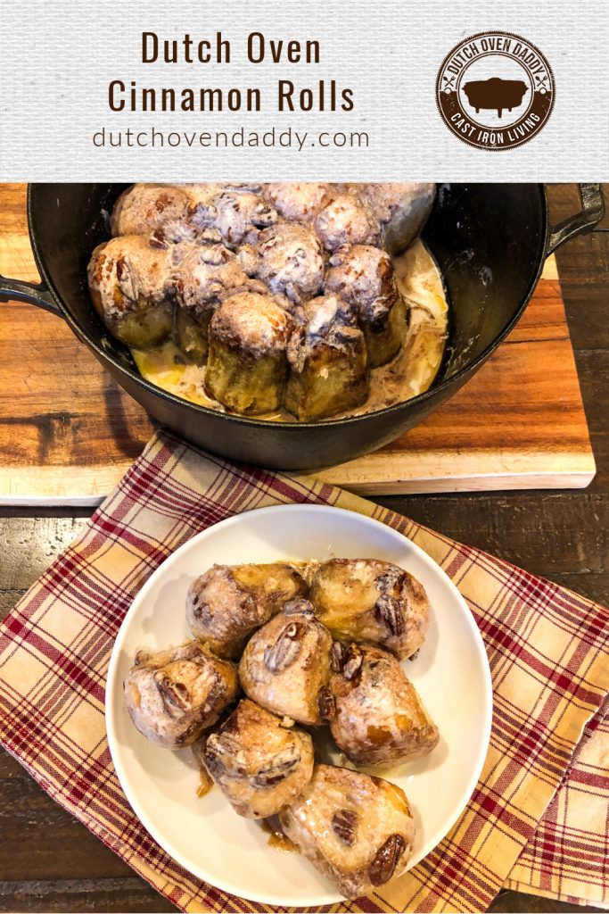 Branded image of Dutch Oven Cinnamon Rolls plated and in the pot.