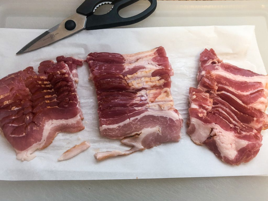 Bacon cut into thirds. 