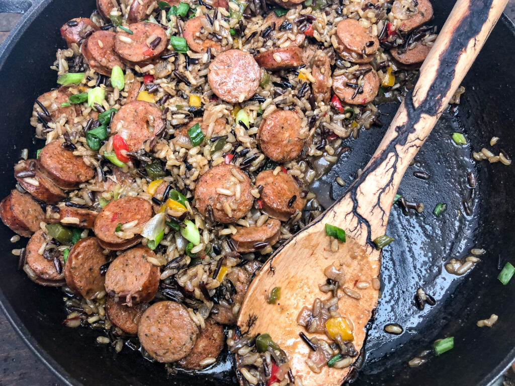 Cooked and garnished Sausage, Peppers, and Rice Skillet.