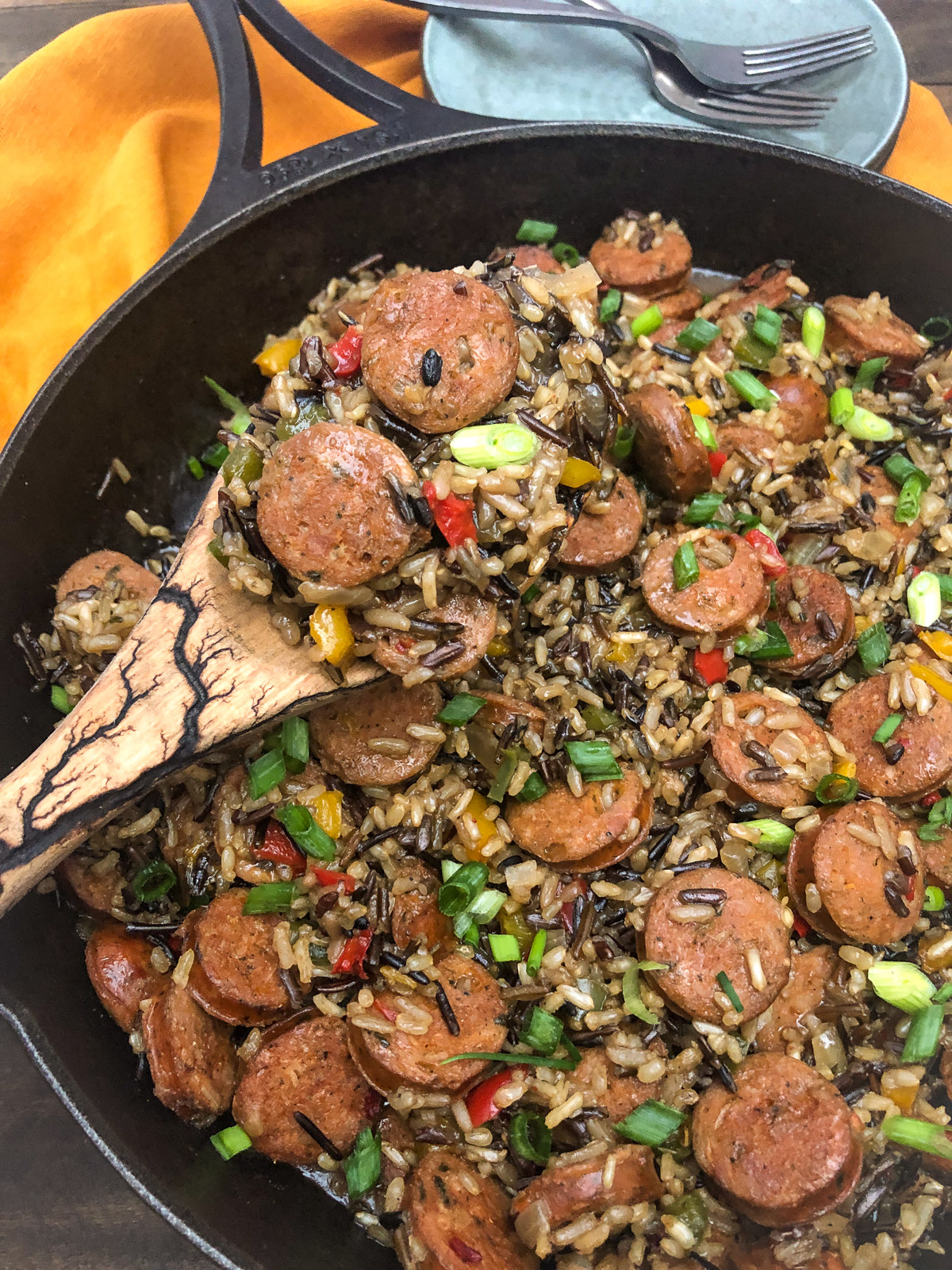 Image of Sausage, Peppers, and Rice in the cast iron skillet.