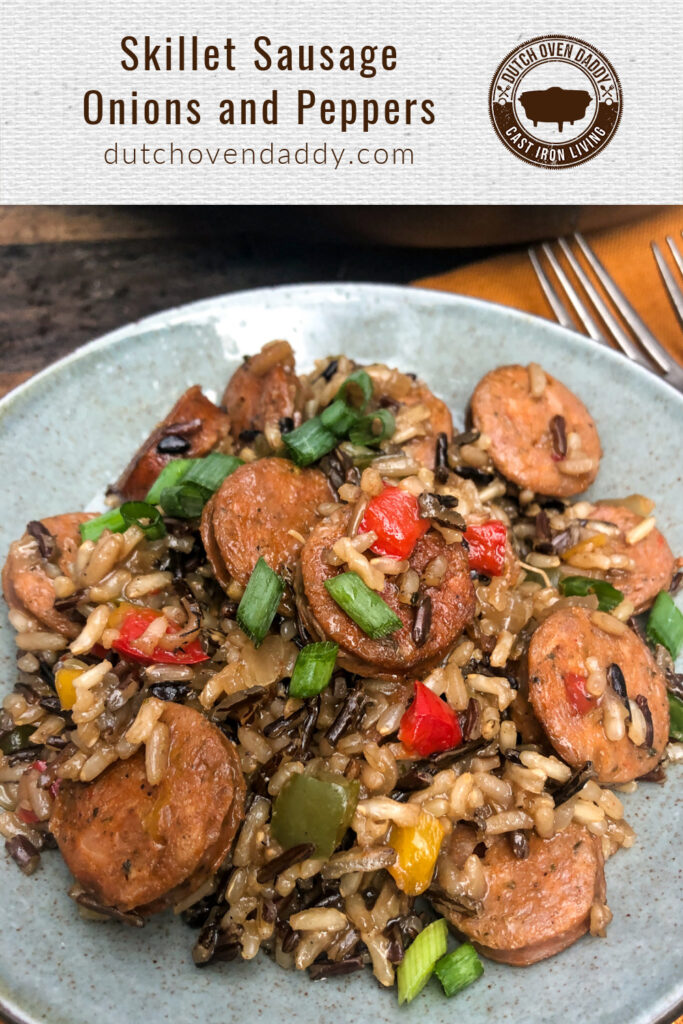 Branded image of the plated rice and sausage dish.