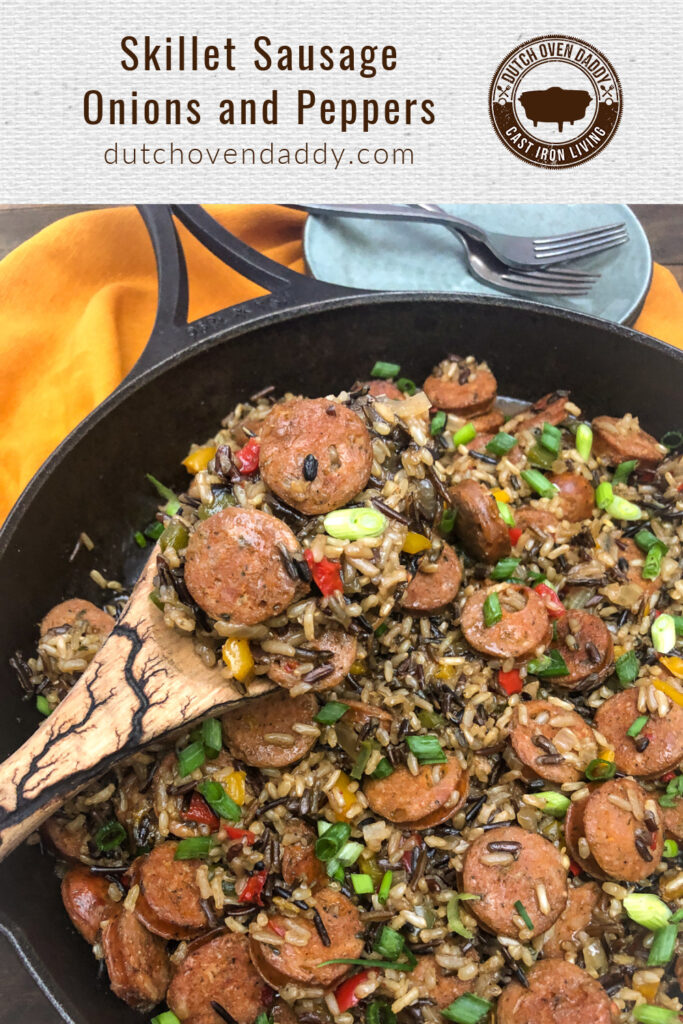 Branded image of Sausage, Peppers, and Rice in the cast iron skillet.