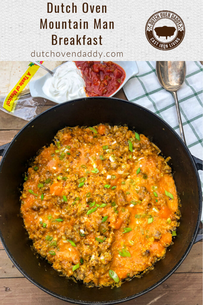 Branded image of Dutch Oven Mountain Man Breakfast topped with green onions. 