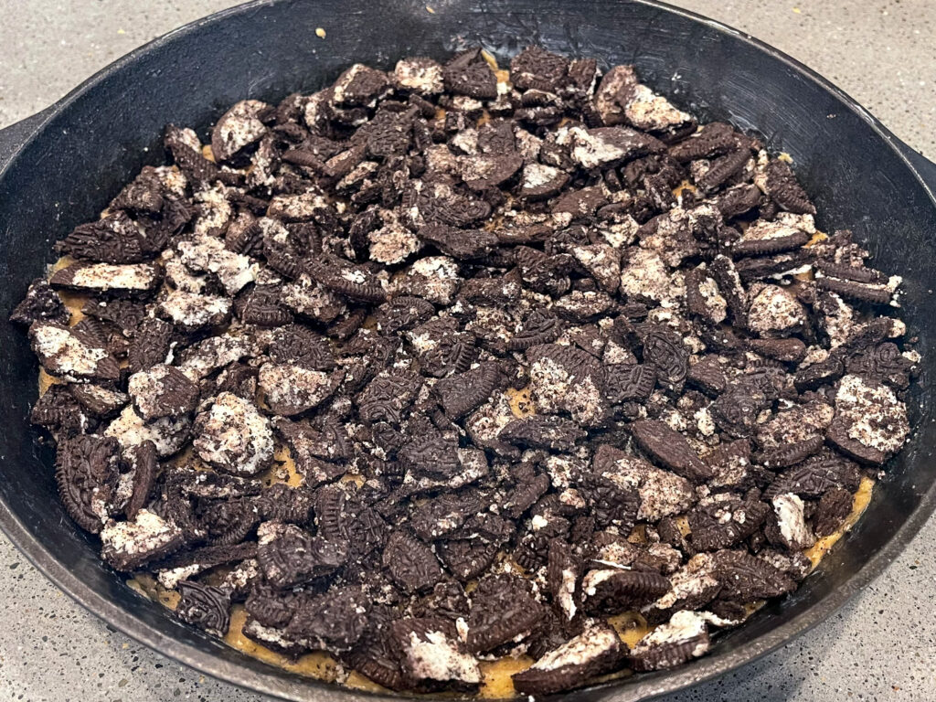 Crushed Oreos in the bare metal cast iron skillet.