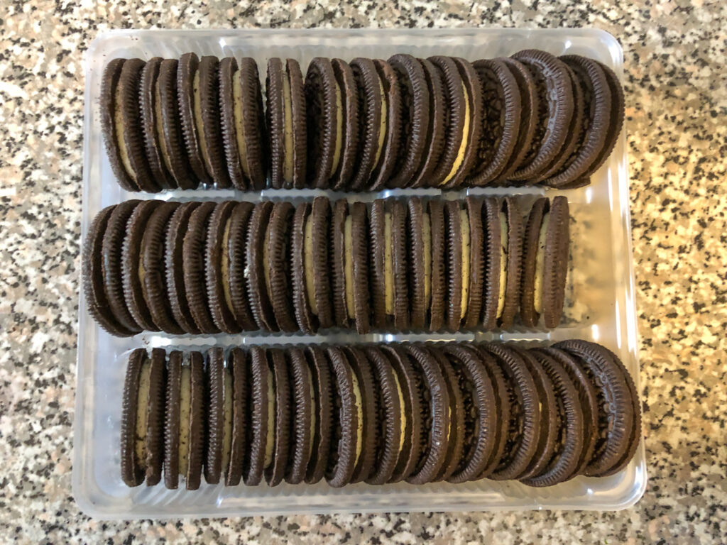 Oreo cookies in their packaging tray.