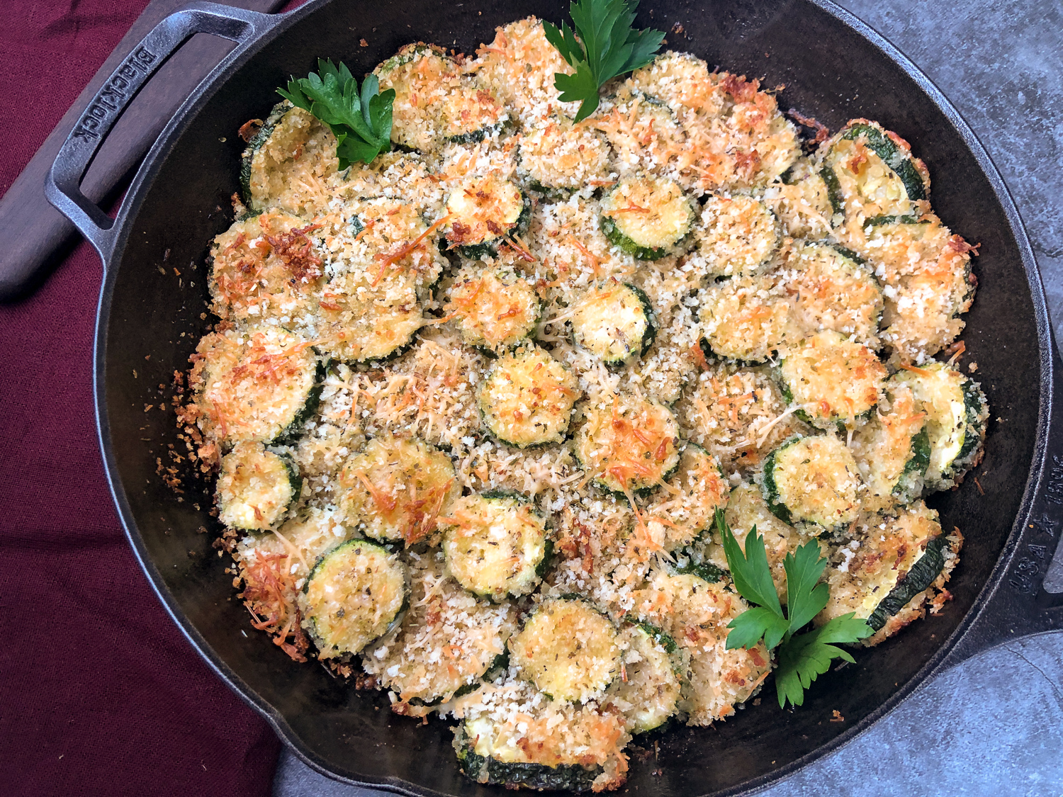 Skillet of Parmesan Zucchini Chips.