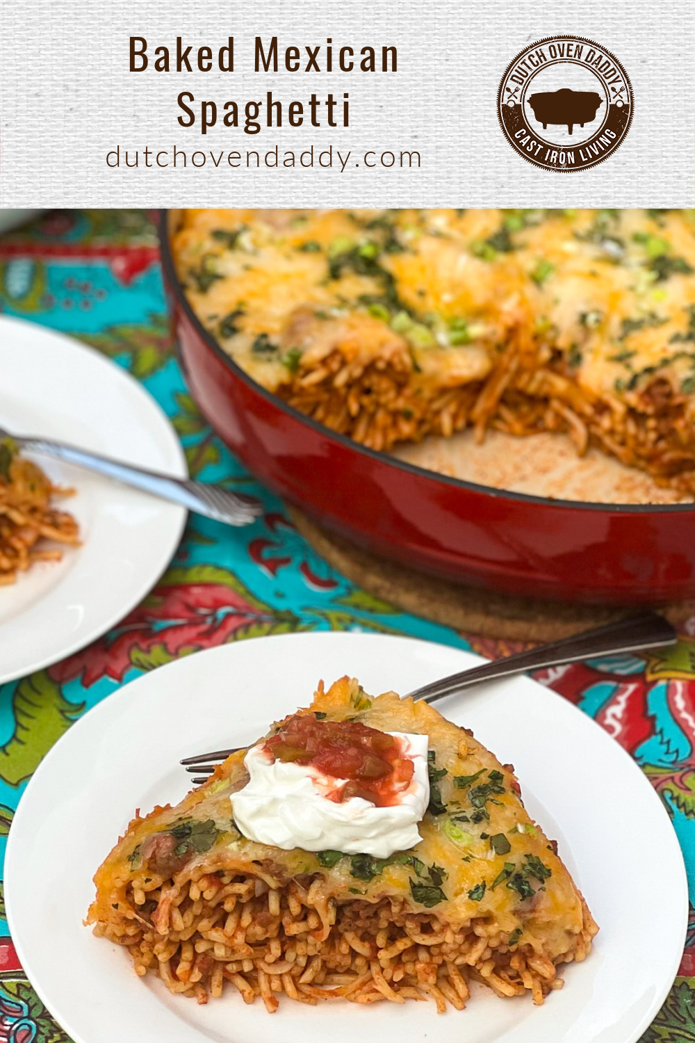 Branded image of Baked Mexican Spaghetti sliced and garnished with sour cream and salsa. 
