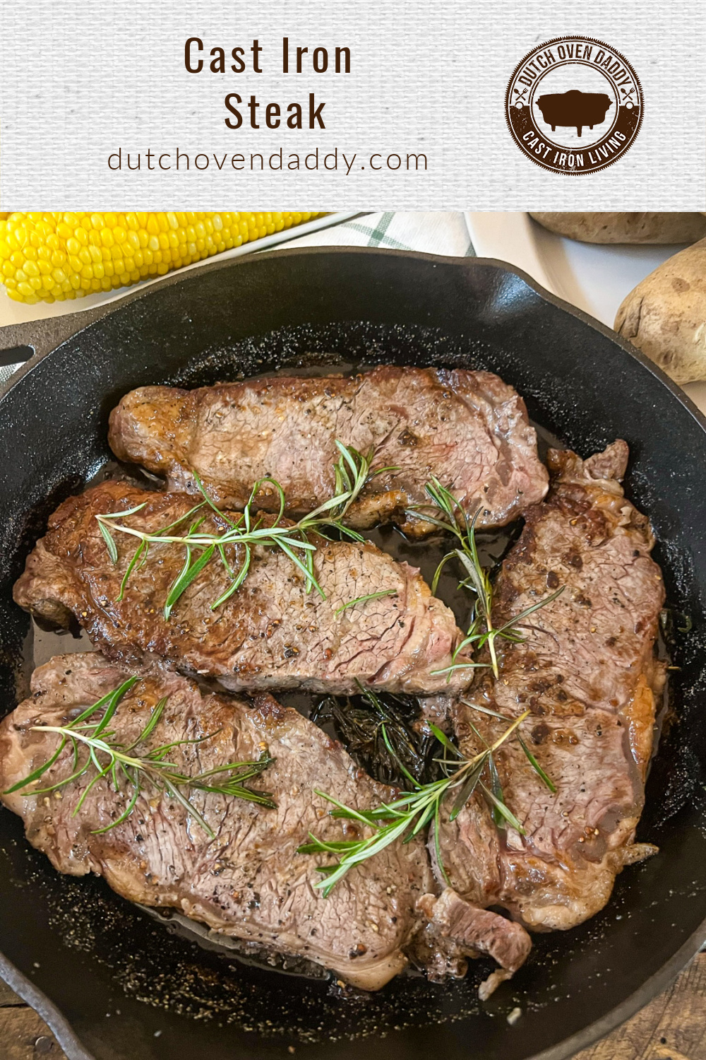 Branded image of cooked strip steaks in cast iron garnished with fresh rosemary.