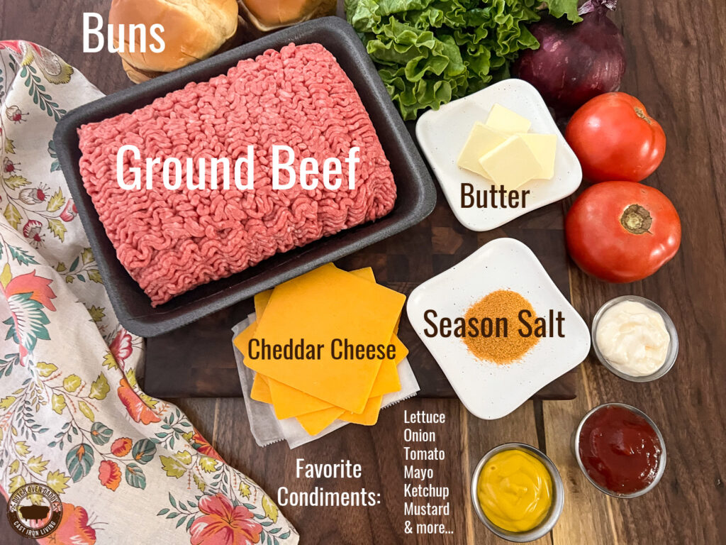 Labeled ingredients for making the burgers: Buns, ground beef, butter, season salt, cheddar cheese and then potential condiments like lettuce, onion, tomato, ketchup, mustard, and mayo.