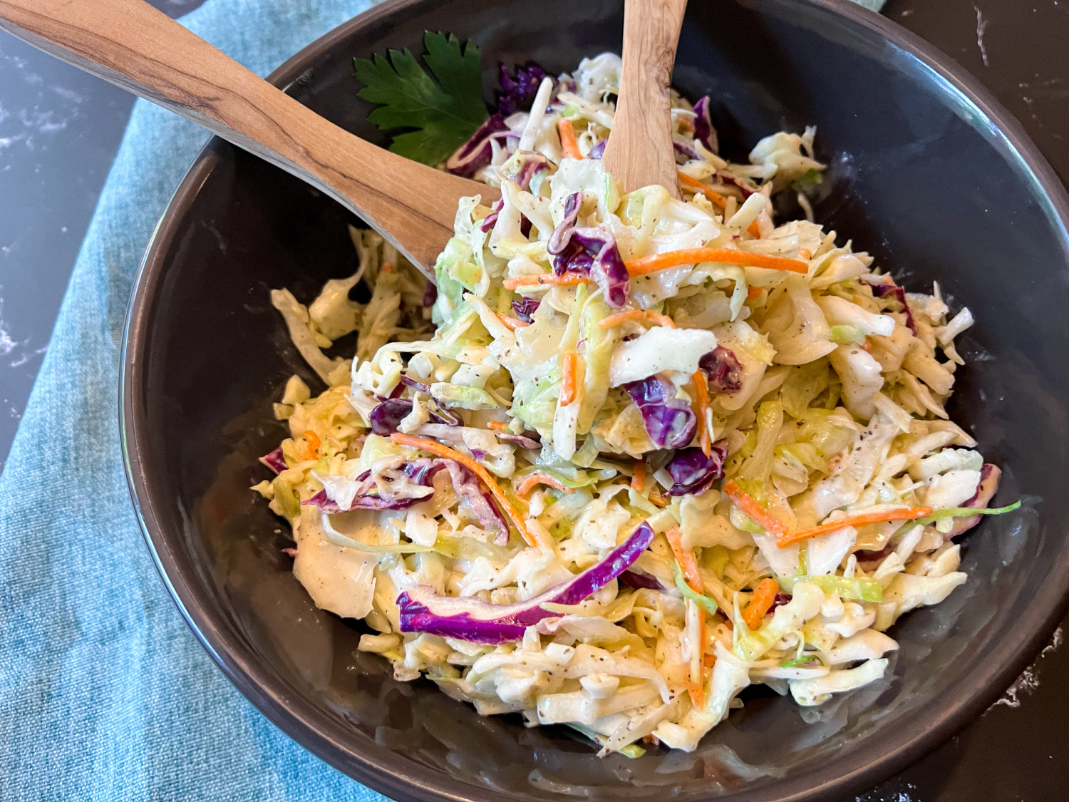 Closer view of the prepared coleslaw.