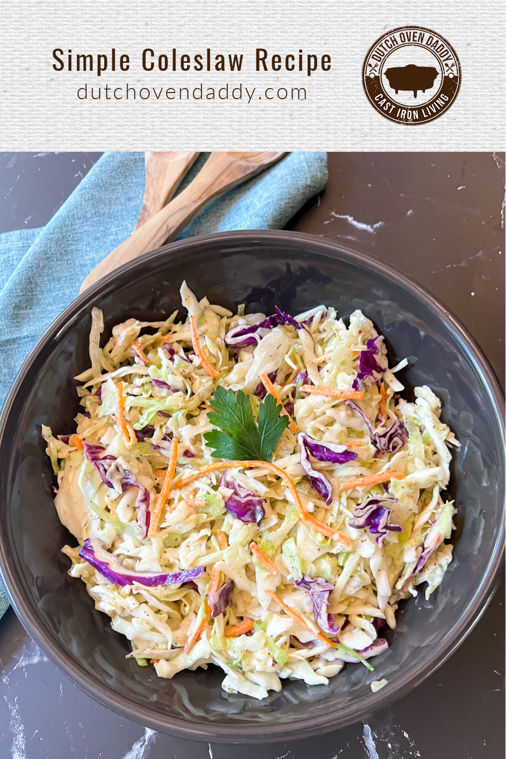 Branded image of this simple coleslaw recipe in a black bowl.