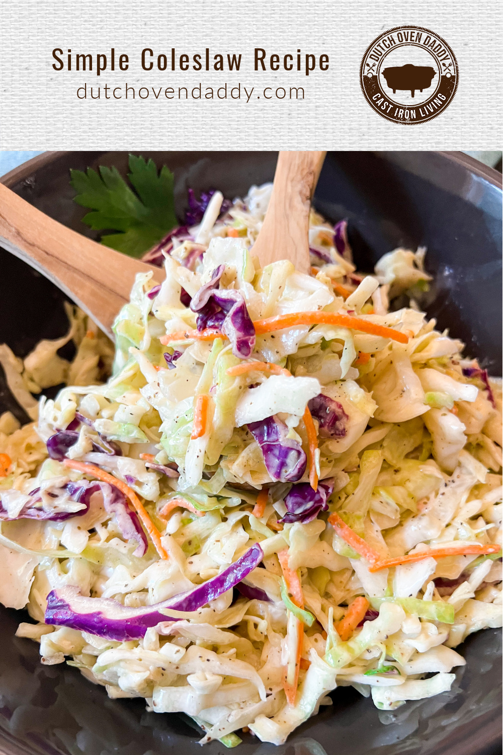 Branded image of this simple coleslaw recipe in a black bowl with wooden utensils slightly raising a portion.