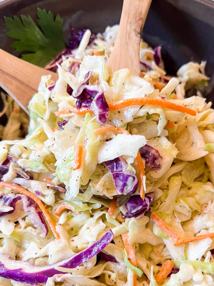 Closer view of the prepared simple coleslaw recipe.