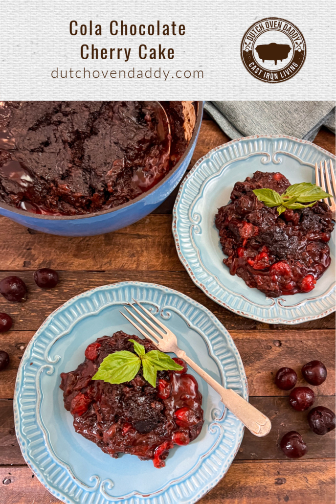 Branded image of cola chocolate cherry cake pated on two blue plates garnished with fresh mint.