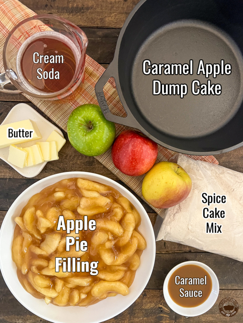 Ingredients to make caramel apple dump cake: cream soda, butter, spice cake mix, caramel sauce, and apple pie filling.