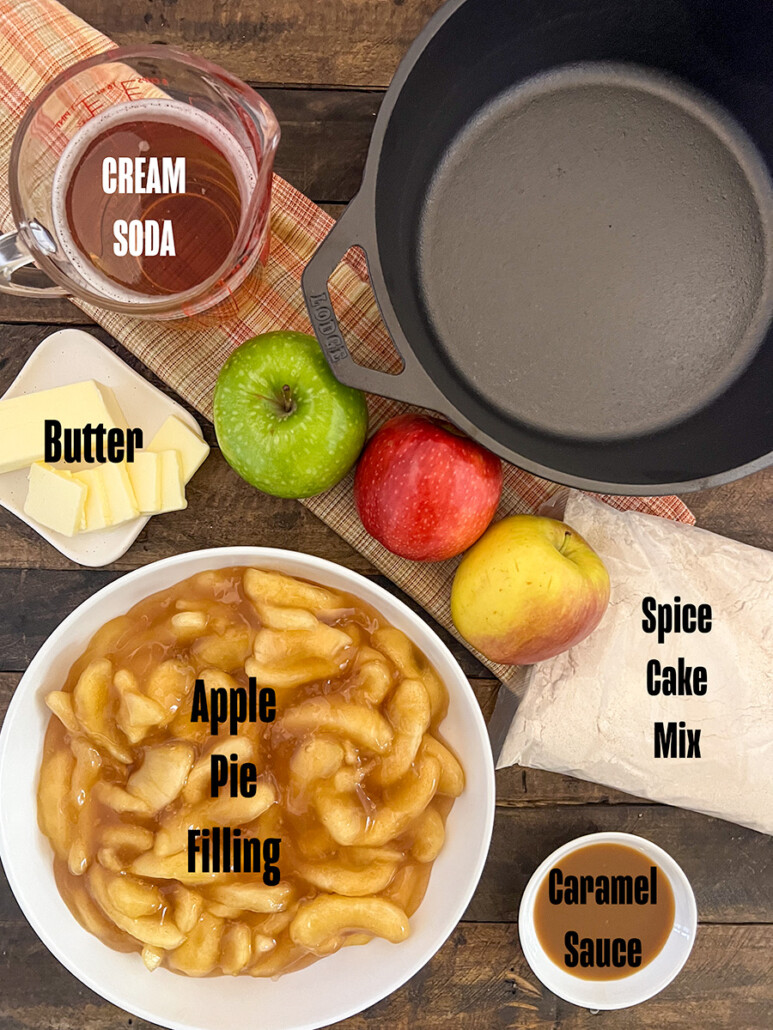 Ingredients to make caramel apple dump cake: cream soda, butter, spice cake mix, caramel sauce, and apple pie filling.