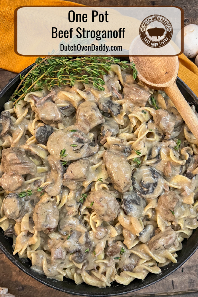 Branded image of one pot beef stroganoff in the dutch oven.