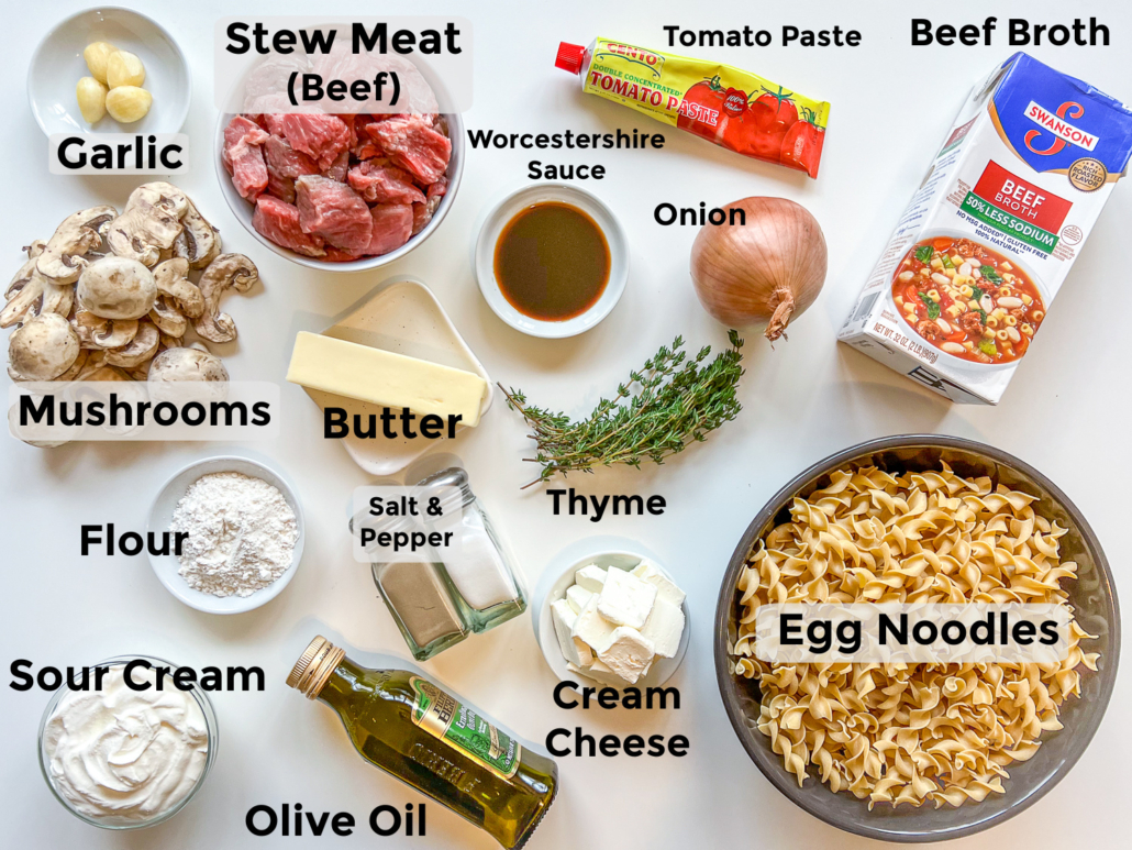 Ingredients to make one pot beef stroganoff: garlic, stewing beef, tomato paste, beef broth, mushrooms, butter, worcestershire sauce, onion, flour, butter, thyme, salt, pepper, sour cream, olive oil, cream cheese, and egg noodles.