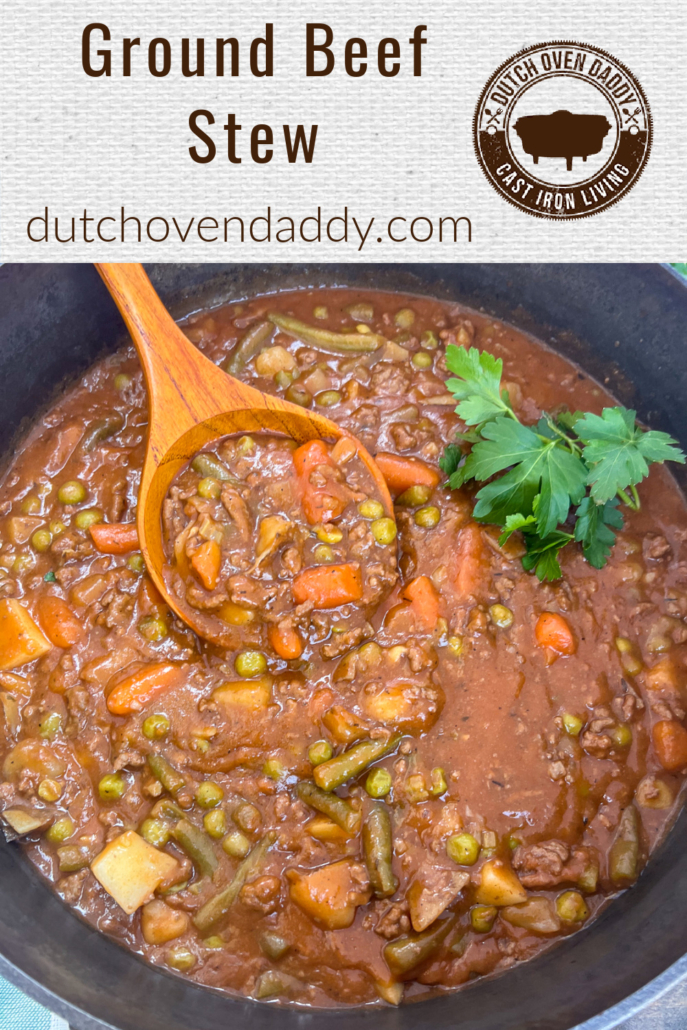 Branded image of ground beef stew in a dutch oven.