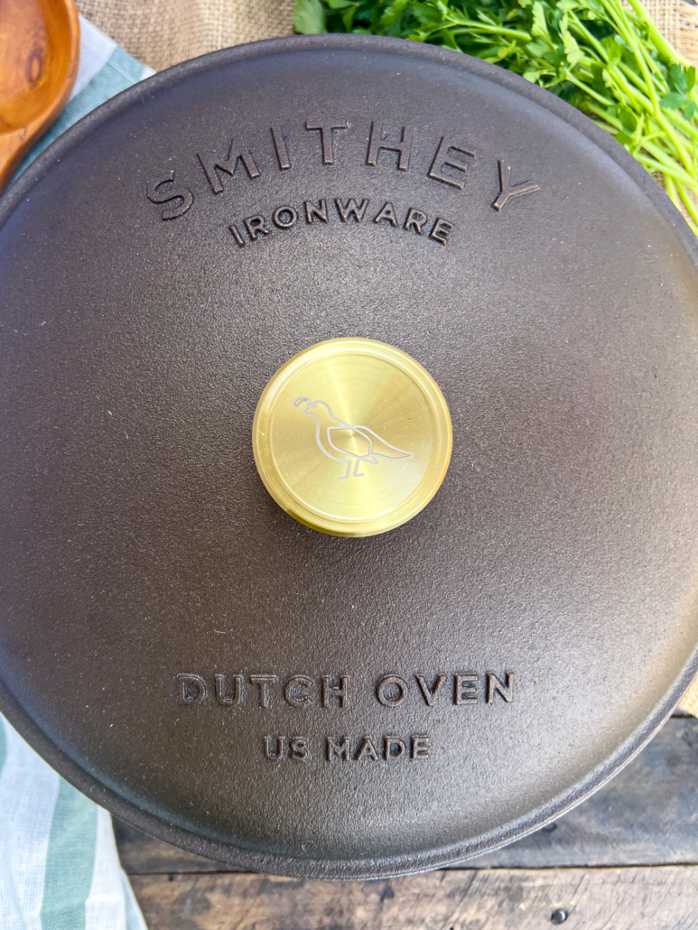 Close up of the lid of a Smithey Dutch oven.