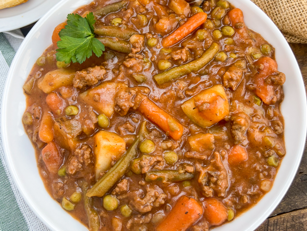 Close up of a bowlful of ground beef stew.