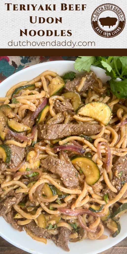 Branded image of Teriyaki Beef Udon Noodles in a close up formate.