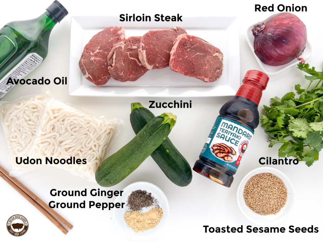Ingredients for Teriyaki Beef Udon Noodles: Avocado oil, steak, red onion, cilantro, bottled Teriyaki Sauce, Toasted Sesame seeds, ginger, pepper, and packaged udon noodles