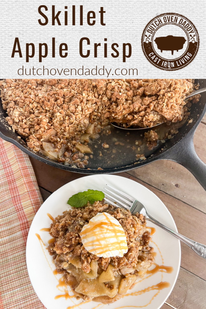 Branded image of Skillet Apple crisp with a serving on a white plate topped with ice cream and caramel.