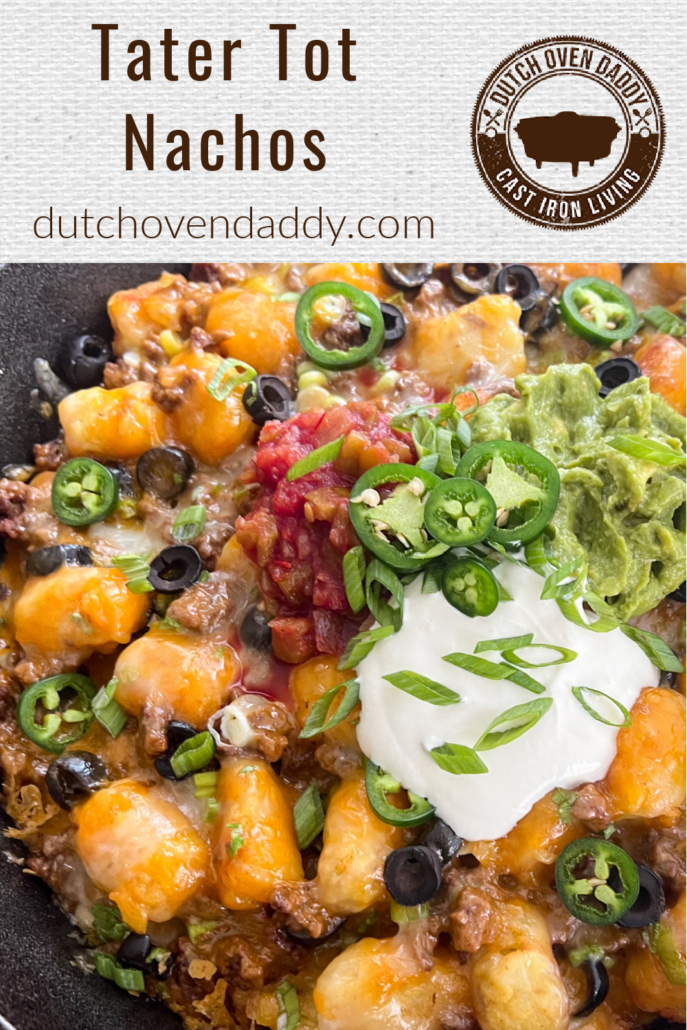 Branded image of Tater Tot Nachos topped with sour cream, guacamole, and salsal.