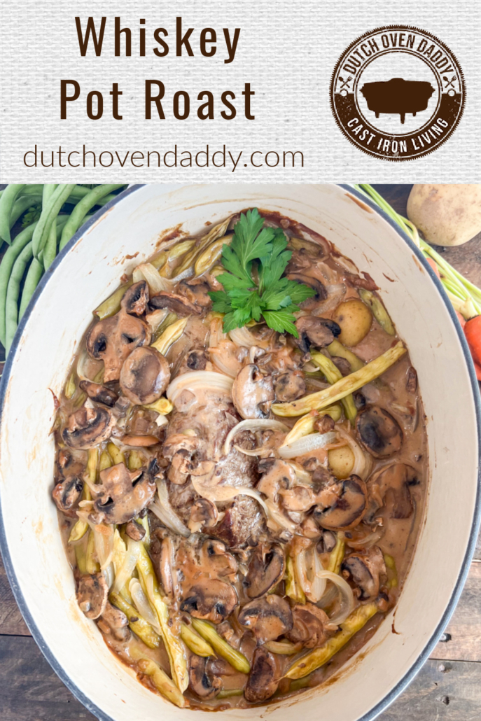 Branded image of pot roast with whiskey gravy in an oval dutch oven.