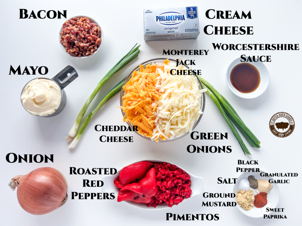 Ingredients to make pimento cheese dip: cream cheese, worcestershire sauce, green onions, monterey jack cheese, cheddar cheese, bacon, mayonnaise, onion, roasted red peppers, ground mustard, pimentos, salt, black pepper, granulated garlic, and sweet paprika.